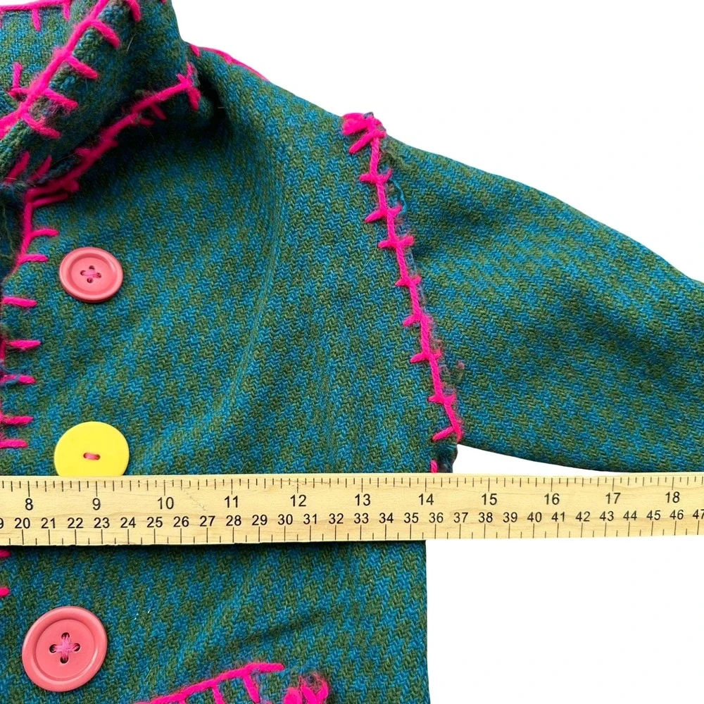 Harris Tweed Trench Coat Size 5 Green Pink Thrift Flip Virgin Wool Front Button